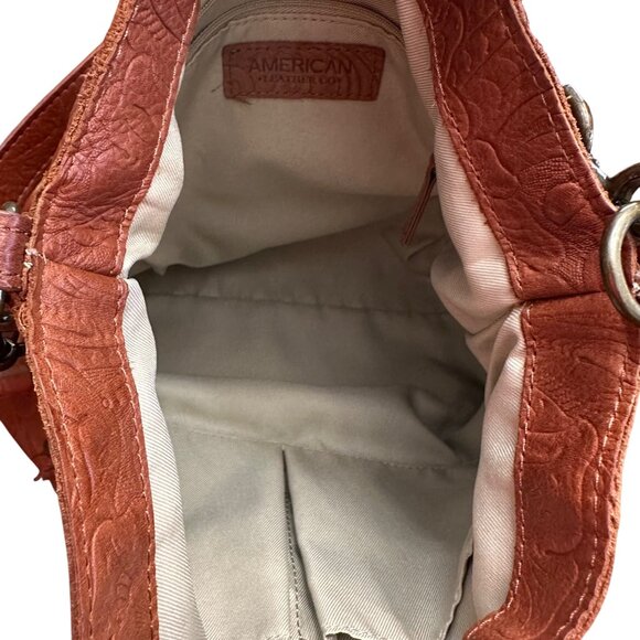 American Leather Co Handbag Shoulder Purse Brown Tooled Leather Bag Pockets - Picture 9 of 16